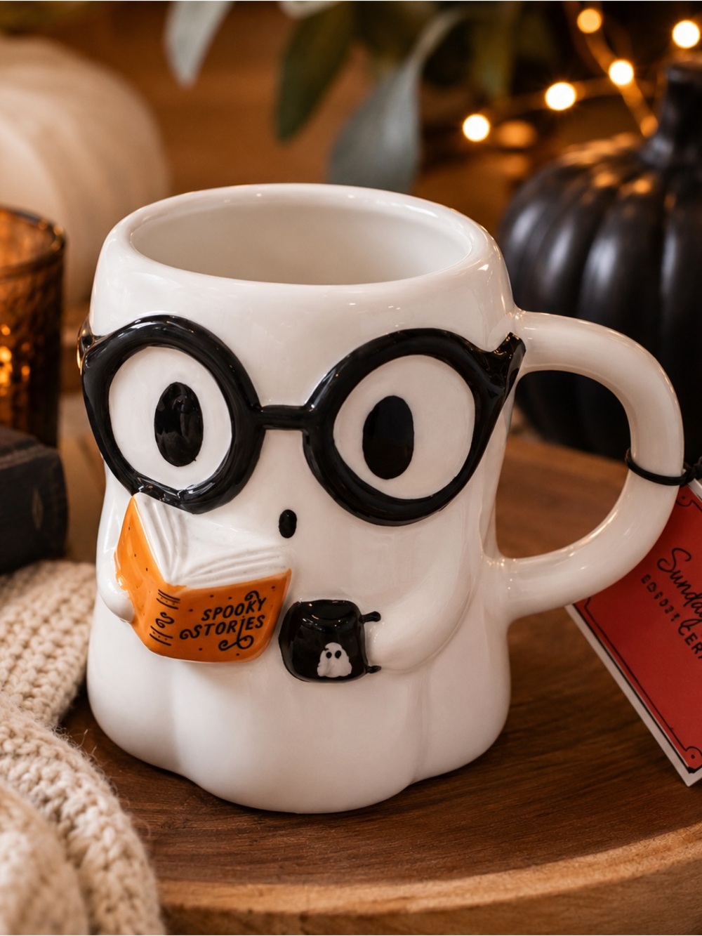 Sunday Morning Ceramics Ghost Reading “Spooky Stories” Mug NWT Halloween